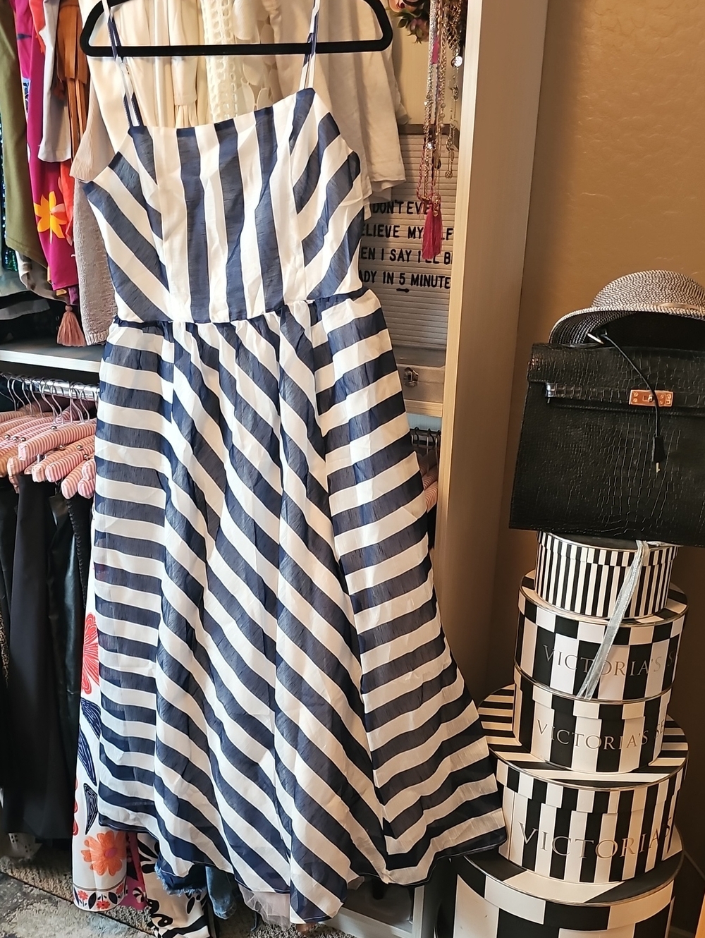 Commense Navy and White Striped Maxi Sundress